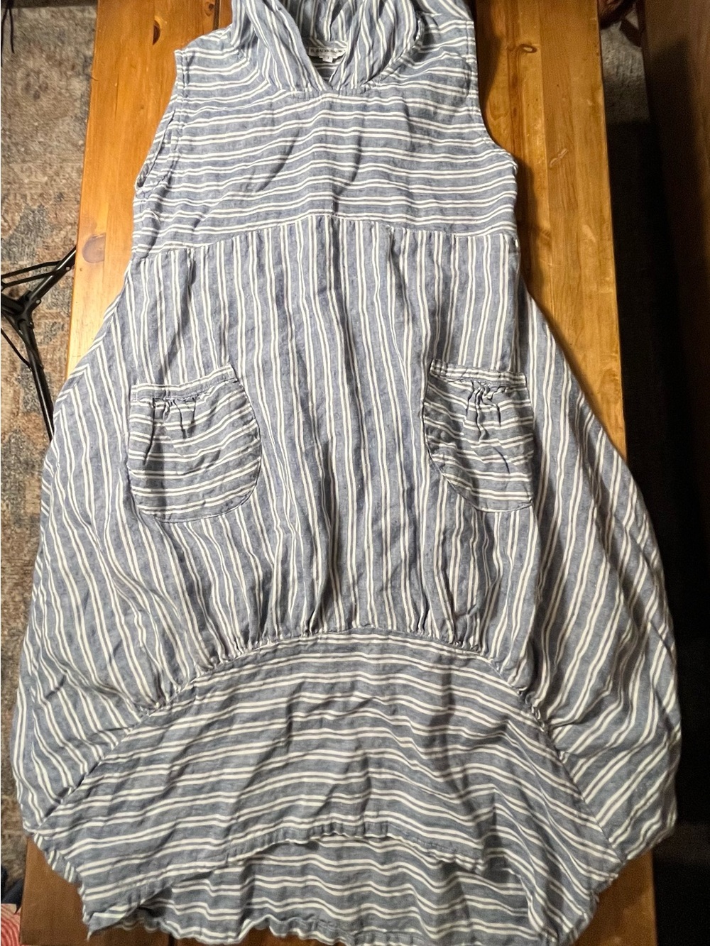 Striped Hooded Pullover dress  by B. HADIKUSUMO - Blue & White linen artistic